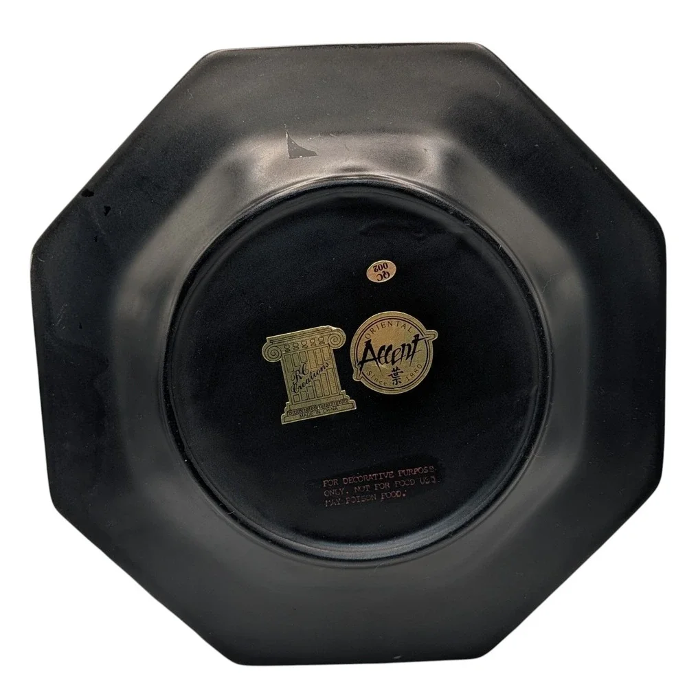 Vintage Oriental Accent Plate Octagon Decorative Butterfly Flowers Ceramic Black